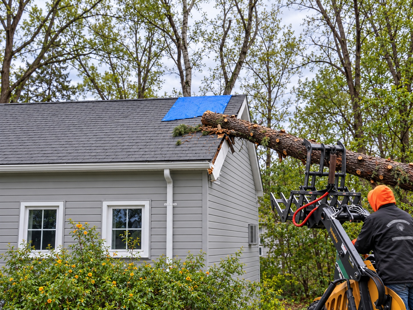 Tree removal and roof repair underway