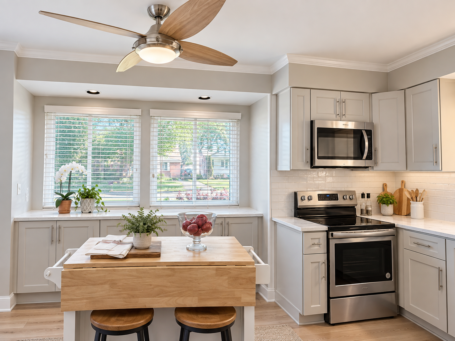 Finished kitchen, gray shaker cabinets and island