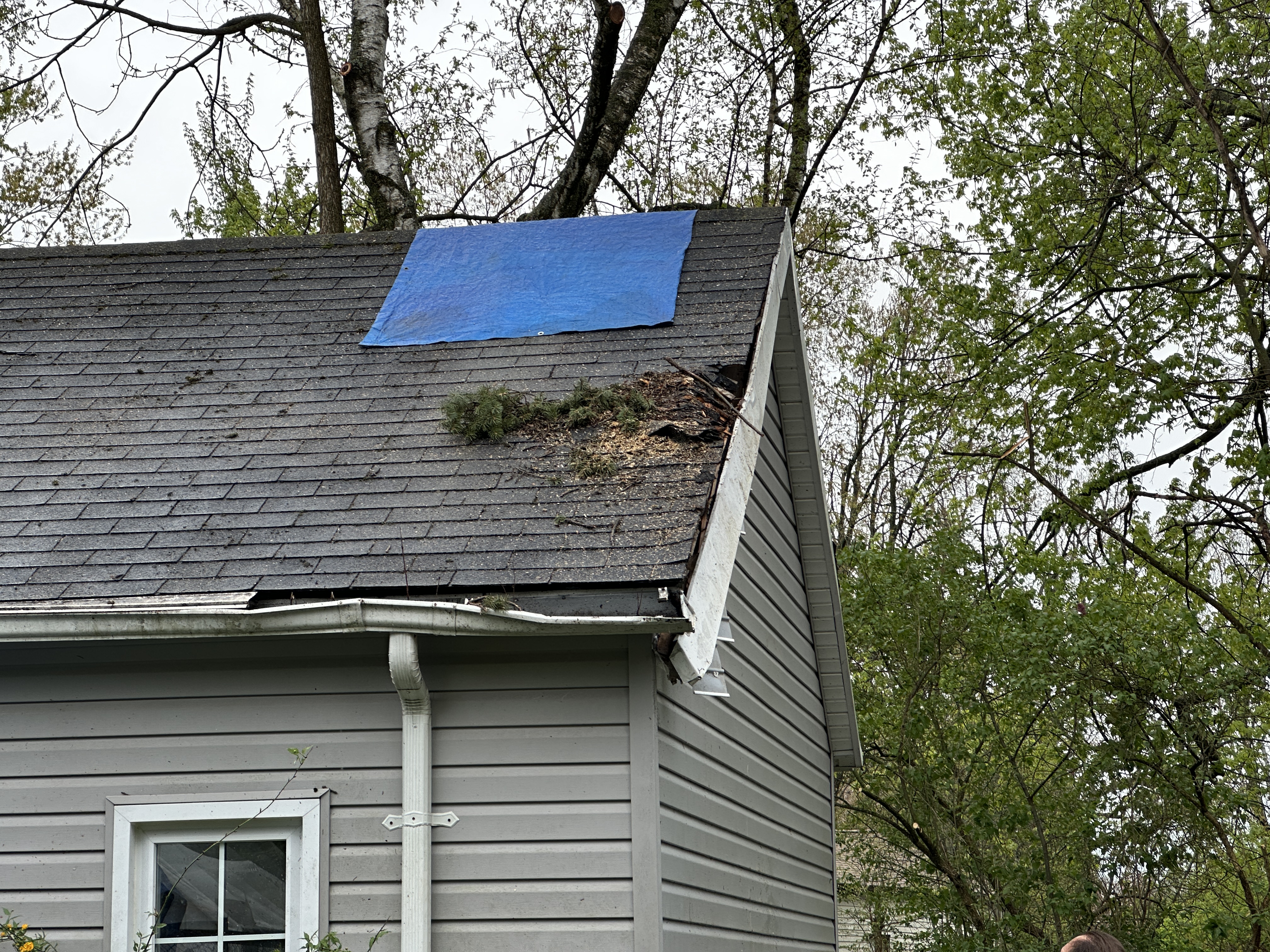 A large tree limb resting across a Michigan home’s roofline after storm damage