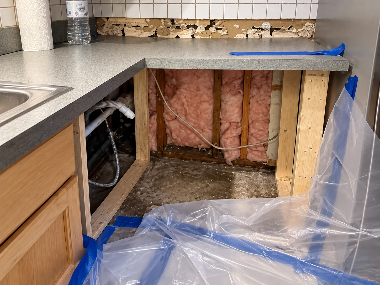 Counter run opened up, insulation and framing exposed