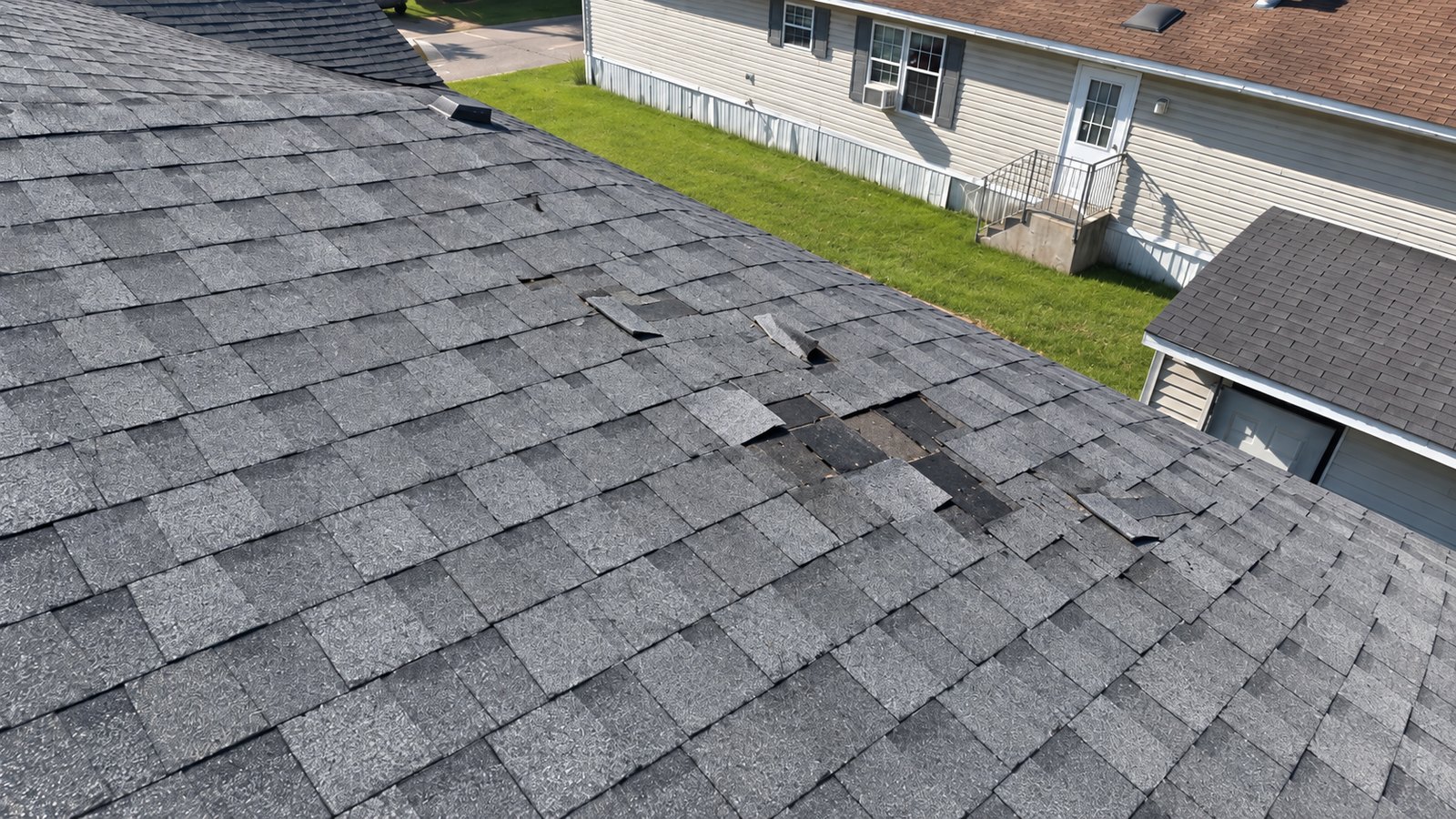 Before: Wind-lifted and missing shingles replaced with new architectural shingle