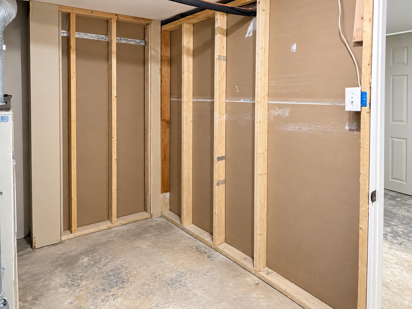 Unfinished corner, framing exposed